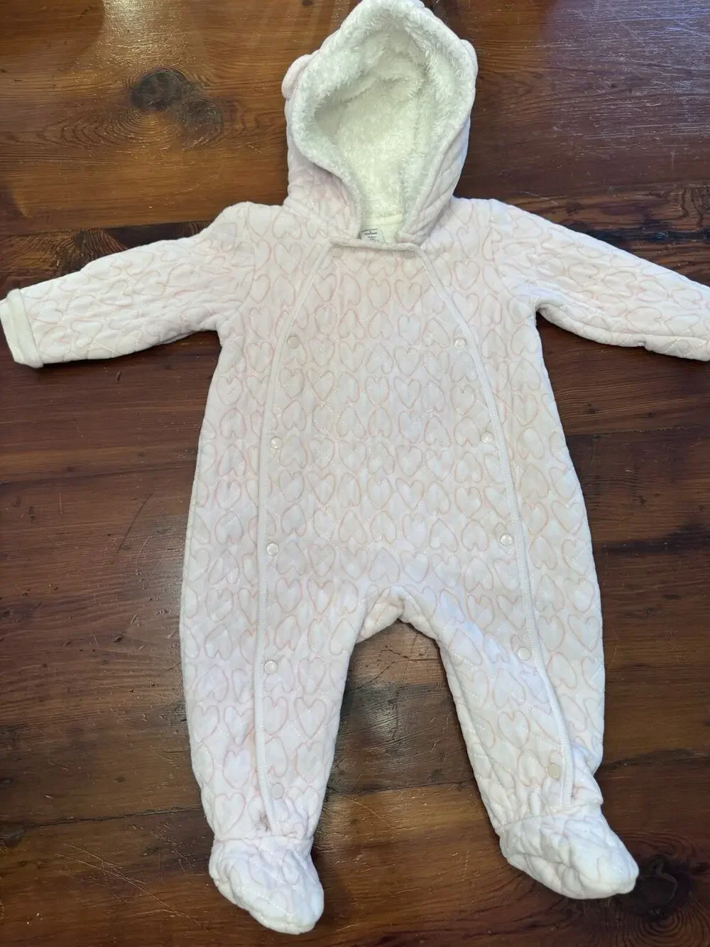 Nordstrom Light Pink Heart Print Bunting Suit 9 months Quilted Bear Suit Warm